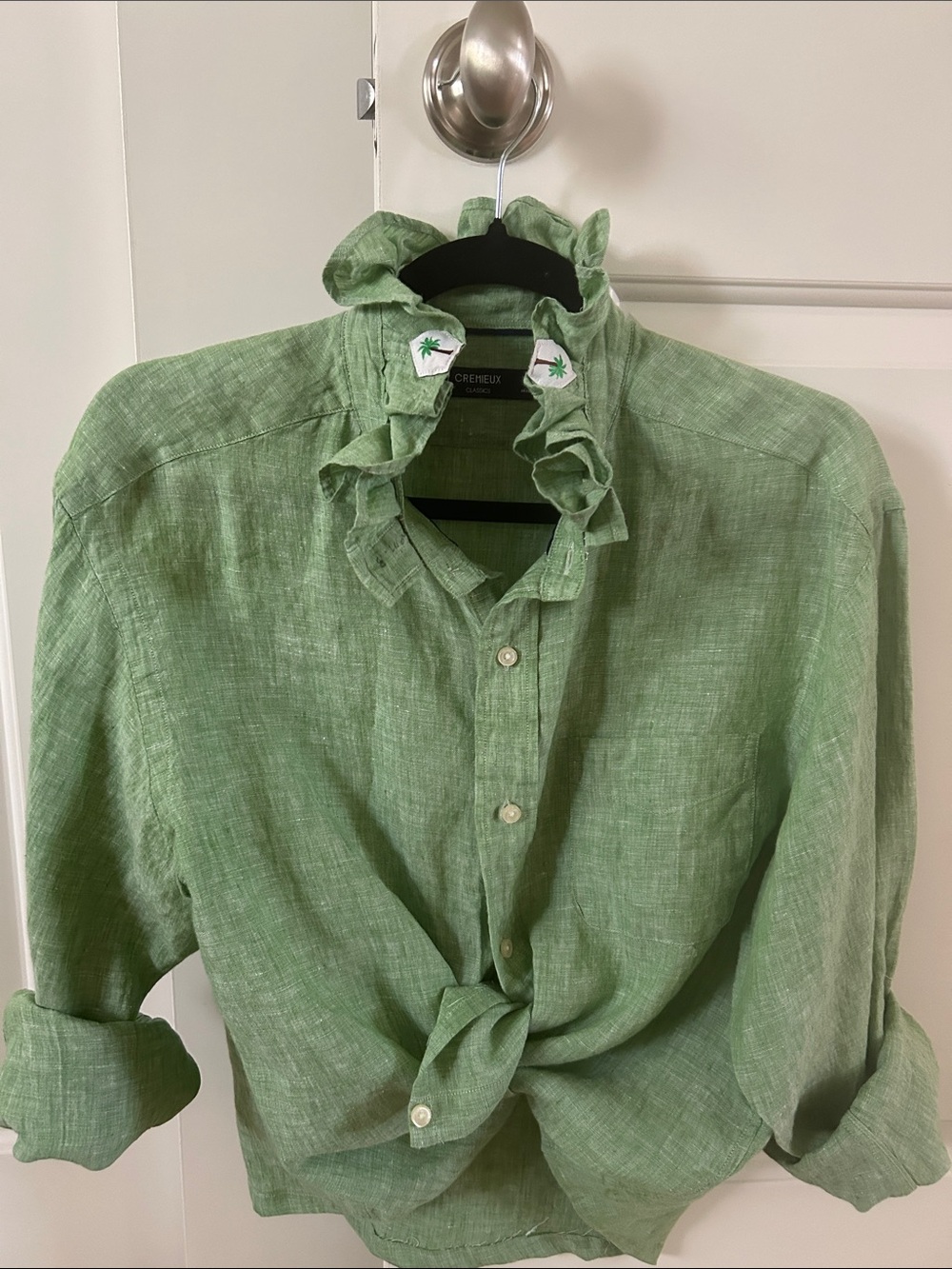 Daniel Cremieux Light Green Linen Ruffle Collar Button-Down Shirt r